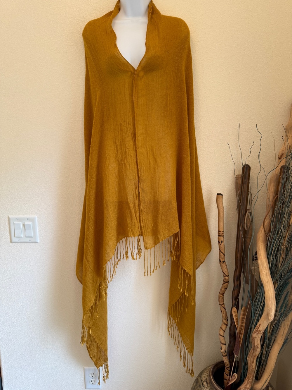 Mustard Gold Oversized Fringe Shawl Wrap Boho Festival 40x82